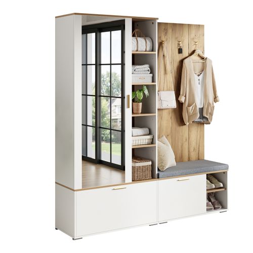 Ensemble Vestiaire Entrée 160x38x180 Cm, Armoire Miroir Avec Banc, Panneaux Bois, Blanc+naturel