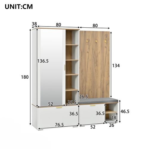Ensemble Vestiaire Entrée 160x38x180 Cm, Armoire Miroir Avec Banc, Panneaux Bois, Blanc+naturel