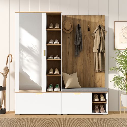 Ensemble Vestiaire Entrée 160x38x180 Cm, Armoire Miroir Avec Banc, Panneaux Bois, Blanc+naturel