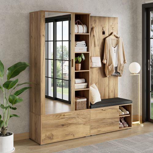 Ensemble Vestiaire Entrée 160x38x180 Cm, Armoire Miroir Avec Banc, Panneaux Bois, Couleur Bois