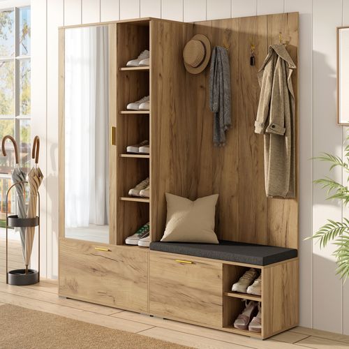 Ensemble Vestiaire Entrée 160x38x180 Cm, Armoire Miroir Avec Banc, Panneaux Bois, Couleur Bois