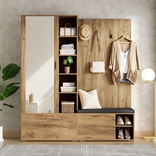 Ensemble Vestiaire Entrée 160x38x180 Cm, Armoire Miroir Avec Banc, Panneaux Bois, Couleur Bois