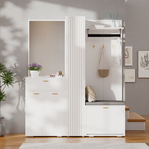 Ensemble Vestiaire Entrée 150x36x180 Cm, Miroir Et Banc, Mdf Et Panneaux De Particules, Blanc