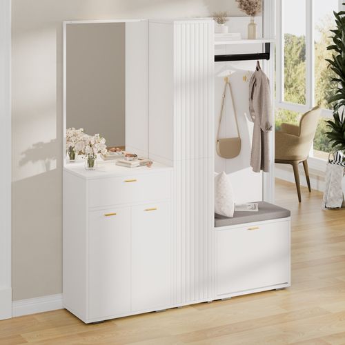 Ensemble Vestiaire Entrée 150x36x180 Cm, Miroir Et Banc, Mdf Et Panneaux De Particules, Blanc