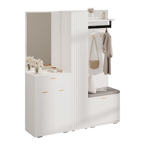 Ensemble Vestiaire Entrée 150x36x180 Cm, Miroir Et Banc, Mdf Et Panneaux De Particules, Blanc