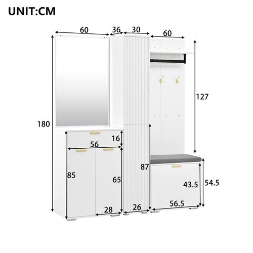 Ensemble Vestiaire Entrée 150x36x180 Cm, Miroir Et Banc, Mdf Et Panneaux De Particules, Blanc
