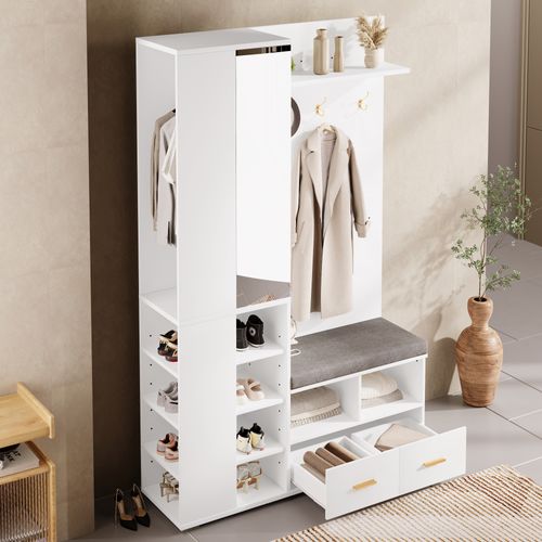 Ensemble Vestiaire Entrée 120x35x190 Cm, Miroir Et Banc, Panneaux De Particules, Couleur Blanc