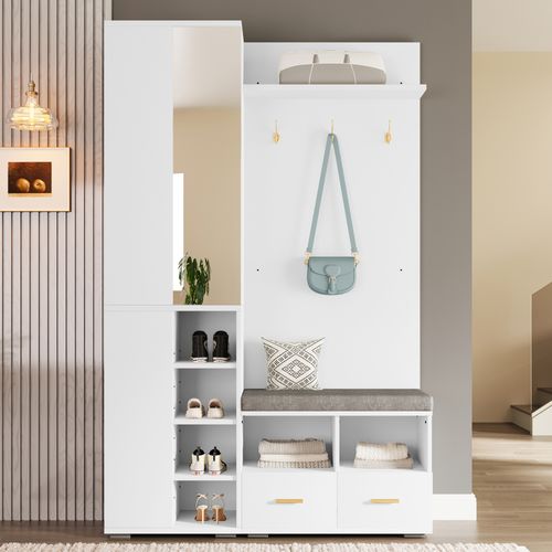 Ensemble Vestiaire Entrée 120x35x190 Cm, Miroir Et Banc, Panneaux De Particules, Couleur Blanc