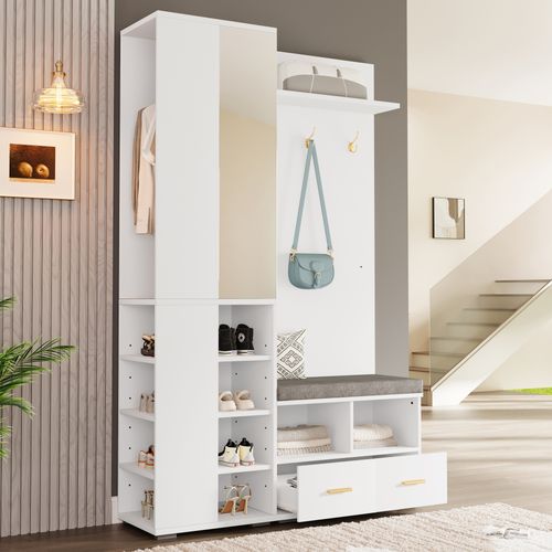 Ensemble Vestiaire Entrée 120x35x190 Cm, Miroir Et Banc, Panneaux De Particules, Couleur Blanc