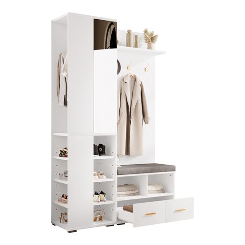 Ensemble Vestiaire Entrée 120x35x190 Cm, Miroir Et Banc, Panneaux De Particules, Couleur Blanc