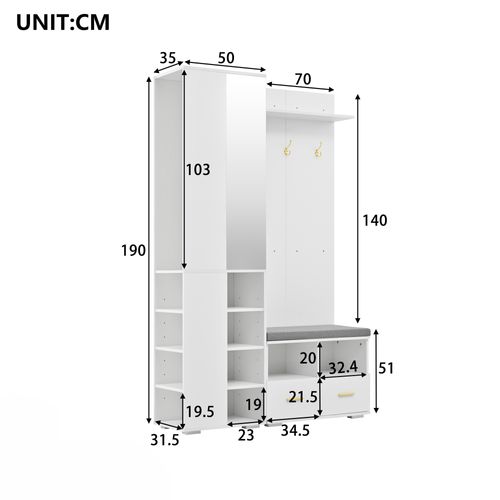 Ensemble Vestiaire Entrée 120x35x190 Cm, Miroir Et Banc, Panneaux De Particules, Couleur Blanc