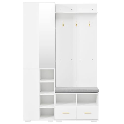 Ensemble Vestiaire Entrée 120x35x190 Cm, Miroir Et Banc, Panneaux De Particules, Couleur Blanc