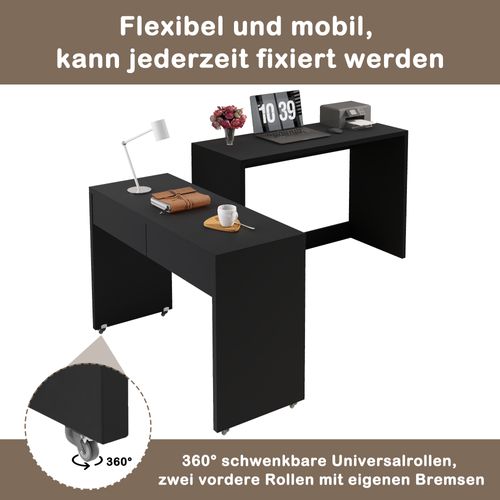 Bureau Pliant 110x40x78 Cm, 2 En 1 Extensible Avec Roulettes, Panneaux De Particules, Noir