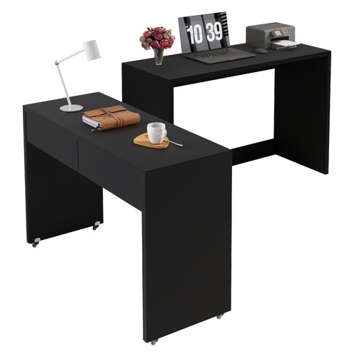 Bureau Pliant 110x40x78 Cm, 2 En 1 Extensible Avec Roulettes, Panneaux De Particules, Noir