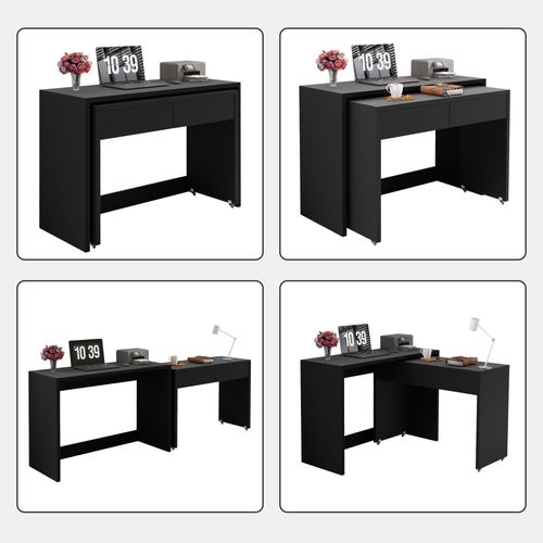 Bureau Pliant 110x40x78 Cm, 2 En 1 Extensible Avec Roulettes, Panneaux De Particules, Noir