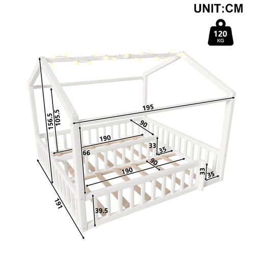 Lit Cabane Enfant 90x190 Cm, Modulable 2 En 1 180x190 Cm, Bois Mdf, Barrières LED, Blanc