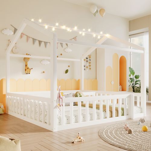 Lit Cabane Enfant 90x190 Cm, Modulable 2 En 1 180x190 Cm, Bois Mdf, Barrières LED, Blanc