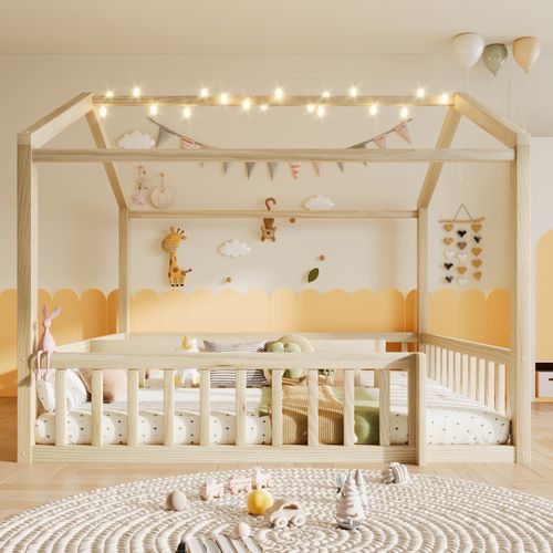 Lit Cabane Enfant 90x190 Cm, Lit Double 180x190 Cm, Barrière De Sécurité, Bois, Couleur Bois