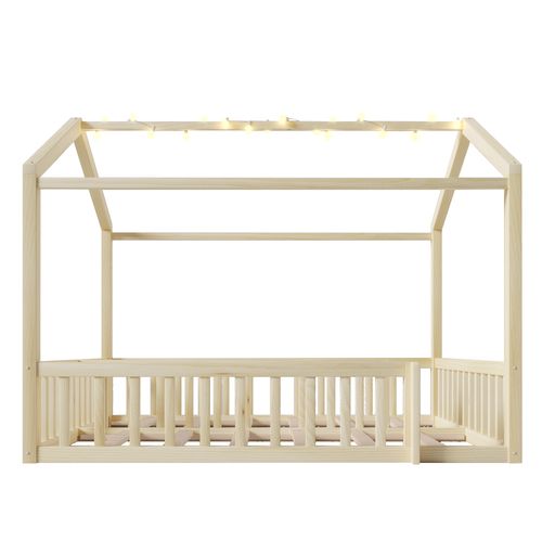 Lit Cabane Enfant 90x190 Cm, Lit Double 180x190 Cm, Barrière De Sécurité, Bois, Couleur Bois