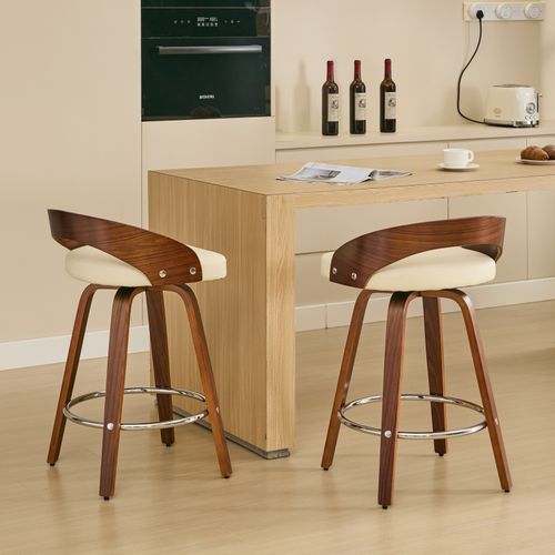 Lot De 2 Tabourets De Bar Pivotants 63 Cm, Dossier Bas, Cuir Pu, Bois, Beige Et Noyer