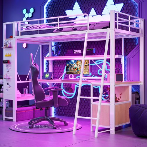 Lit Mezzanine 90x200 Cm, Bureau, LED, Rangement Et USB, Métal Et Mdf, Couleur Blanc+bois