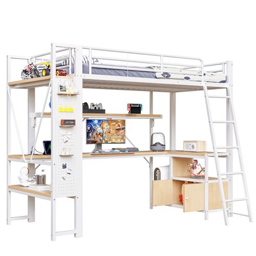 Lit Mezzanine 90x200 Cm, Bureau, LED, Rangement Et USB, Métal Et Mdf, Couleur Blanc+bois