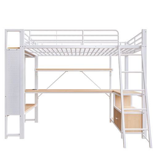 Lit Mezzanine 90x200 Cm, Bureau, LED, Rangement Et USB, Métal Et Mdf, Couleur Blanc+bois