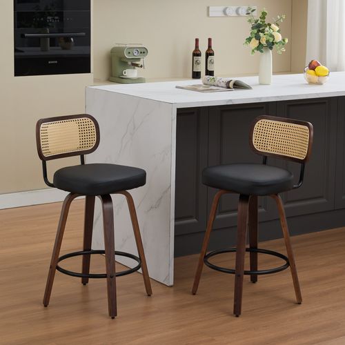 Lot De 2 Tabourets De Bar 66 Cm, Pivotants 360, Dossier Cannage, Pu Noir, Bois Noyer