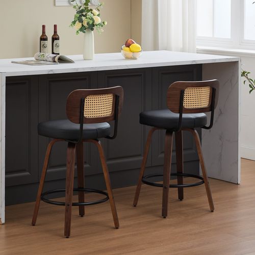 Lot De 2 Tabourets De Bar 66 Cm, Pivotants 360, Dossier Cannage, Pu Noir, Bois Noyer