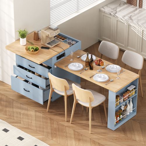 Buffet De Cuisine Extensible 126 à 188 Cm, Avec LED Et Prises USB, Mdf, Coloris Bleu