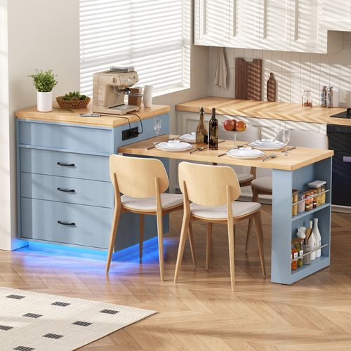 Buffet De Cuisine Extensible 126 à 188 Cm, Avec LED Et Prises USB, Mdf, Coloris Bleu