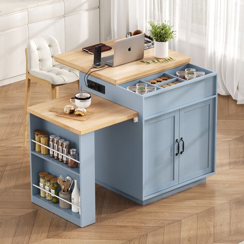 Buffet De Cuisine Extensible 126 à 188 Cm, Avec LED Et Prises USB, Mdf, Coloris Bleu