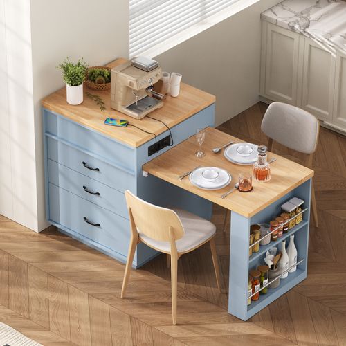Buffet De Cuisine Extensible 126 à 188 Cm, Avec LED Et Prises USB, Mdf, Coloris Bleu
