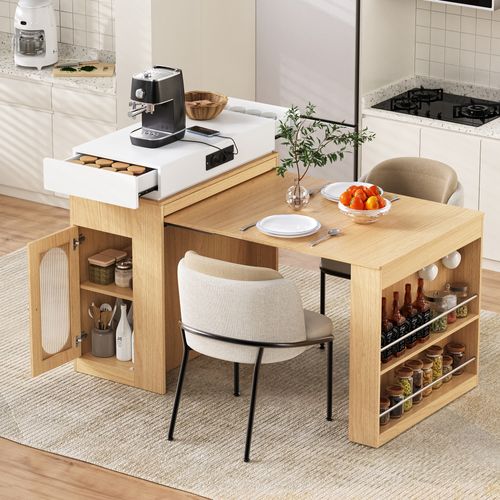 Buffet De Cuisine Extensible 83x46 Cm, Plateau Rabattable Sur Roulettes, Mdf Et Verre, Couleur Bois