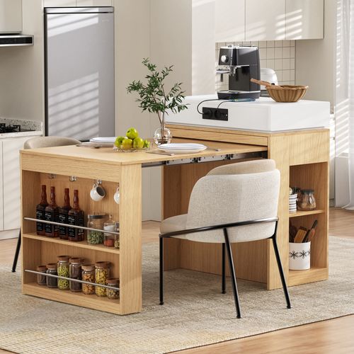 Buffet De Cuisine Extensible 83x46 Cm, Plateau Rabattable Sur Roulettes, Mdf Et Verre, Couleur Bois