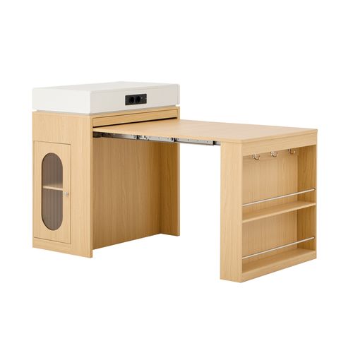 Buffet De Cuisine Extensible 83x46 Cm, Plateau Rabattable Sur Roulettes, Mdf Et Verre, Couleur Bois