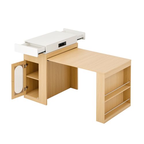 Buffet De Cuisine Extensible 83x46 Cm, Plateau Rabattable Sur Roulettes, Mdf Et Verre, Couleur Bois