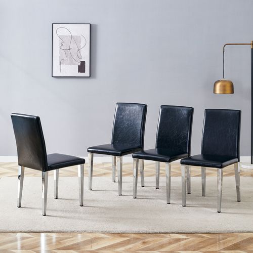 Lot De 4 Chaises Salle à Manger, H 90 Cm, Assise Mousse Pu, Metal, Noir Et Argent