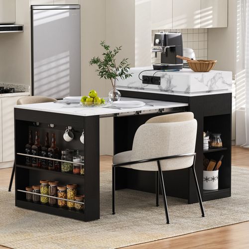 Buffet De Cuisine Extensible 83x46 146,5 Cm, Plateau Pliant Avec Prises, Mdf Verre, Couleur Noir