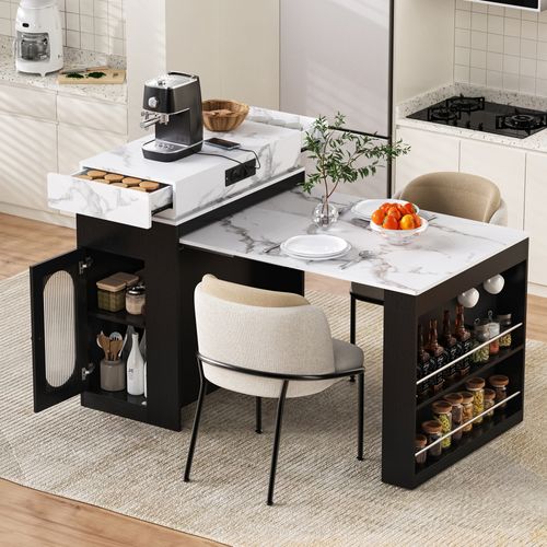 Buffet De Cuisine Extensible 83x46 146,5 Cm, Plateau Pliant Avec Prises, Mdf Verre, Couleur Noir