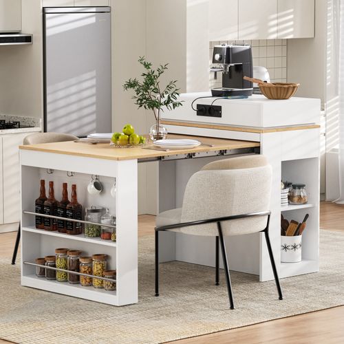 Buffet De Cuisine Extensible 83x46 Cm, Plateau Rabattable, Prises Intégrées, Mdf Verre, Blanc
