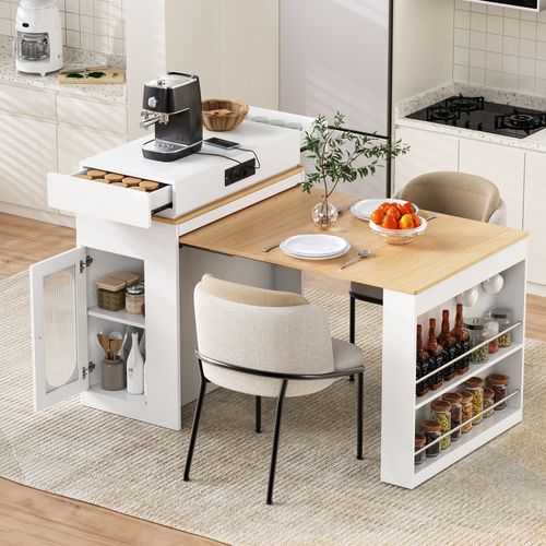 Buffet De Cuisine Extensible 83x46 Cm, Plateau Rabattable, Prises Intégrées, Mdf Verre, Blanc