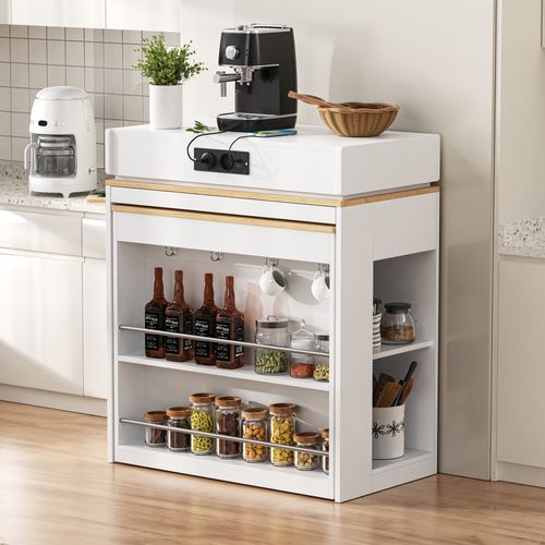 Buffet De Cuisine Extensible 83x46 Cm, Plateau Rabattable, Prises Intégrées, Mdf Verre, Blanc