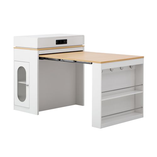 Buffet De Cuisine Extensible 83x46 Cm, Plateau Rabattable, Prises Intégrées, Mdf Verre, Blanc