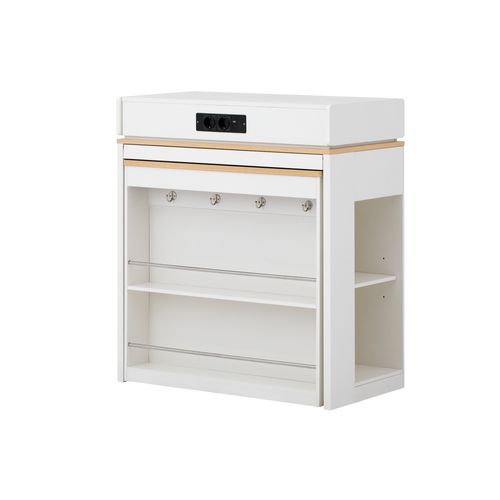 Buffet De Cuisine Extensible 83x46 Cm, Plateau Rabattable, Prises Intégrées, Mdf Verre, Blanc