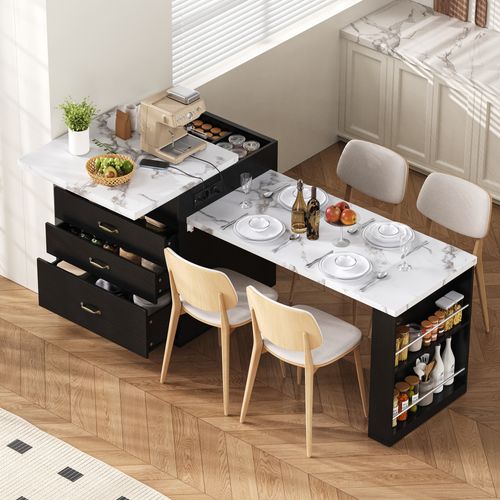 Buffet De Cuisine Extensible 126 à 188 Cm, Avec LED Et Prises USB, Mdf, Coloris Noir