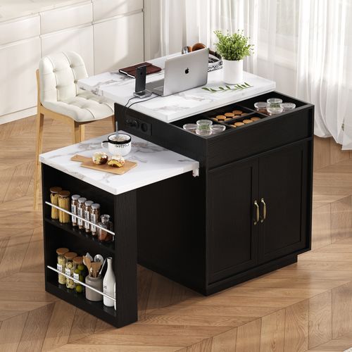Buffet De Cuisine Extensible 126 à 188 Cm, Avec LED Et Prises USB, Mdf, Coloris Noir