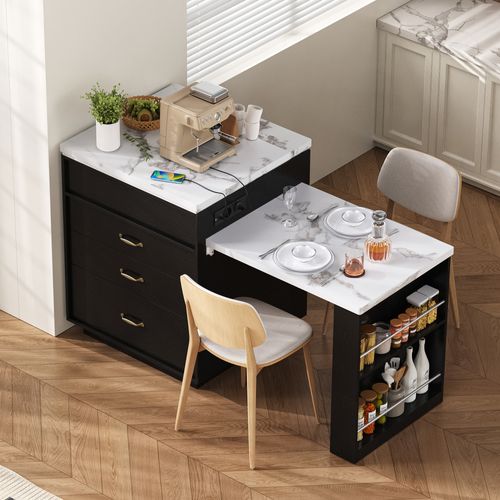 Buffet De Cuisine Extensible 126 à 188 Cm, Avec LED Et Prises USB, Mdf, Coloris Noir