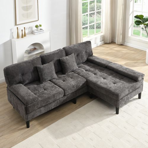 Canapé D’angle Modulable 195x149x86 Cm, Méridienne Réversible Avec Pouf, Chenille, Gris