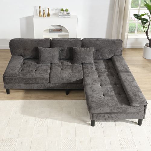 Canapé D’angle Modulable 195x149x86 Cm, Méridienne Réversible Avec Pouf, Chenille, Gris